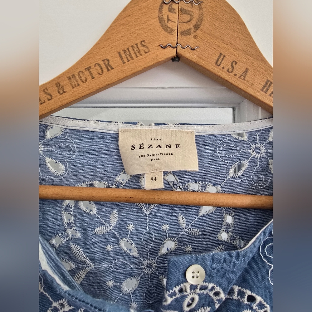 SÉZANE Jordanna Ebroidered Scalloped Button Front Top Denim  Blue 34 - Picture 8 of 14